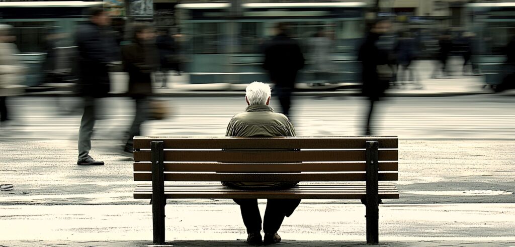senior citizen sitting alone on a park bench while people pass by without engaging, representing society's emotional abandonment of the elderly. elderly neglect, emotional abandonment, senior
