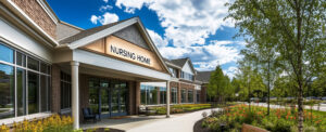 Modern nursing home entrance with landscaped surroundings and seating area